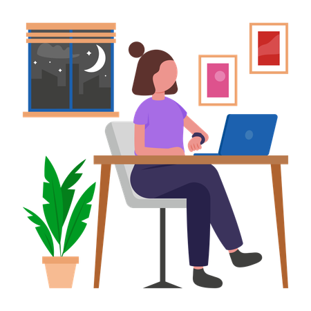 Girl Working Late in office  Illustration