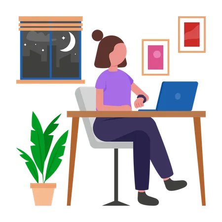 Girl Working Late in office  Illustration