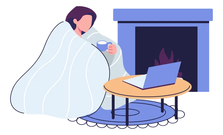 Woman Streaming And Warming Herself In Front Of The Fireplace With A Cup Of Coffee Flat Style Illustration Vector Design Illustration