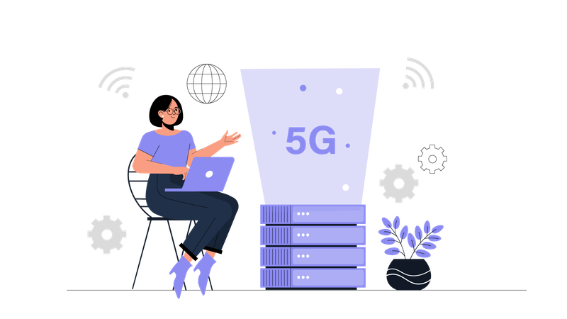 Girl working on 5g server  Illustration