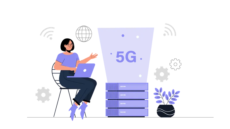 Girl working on 5g server  Illustration