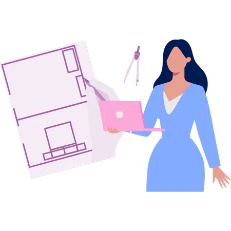 Girl working on architect construction on laptop  Illustration