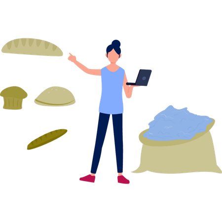 Girl working on bakery item from laptop  Illustration