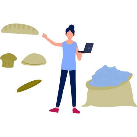 Girl working on bakery item from laptop  Illustration