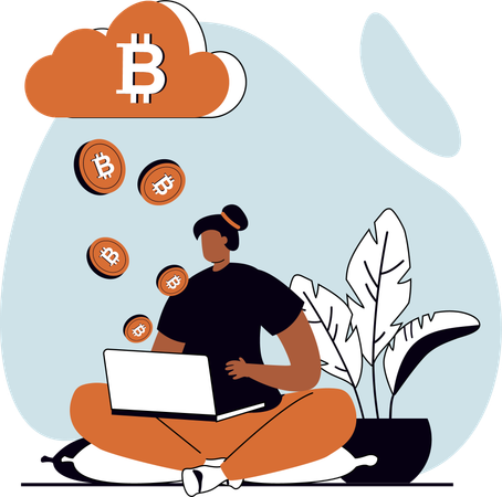 Girl working on bitcoin cloud  Illustration