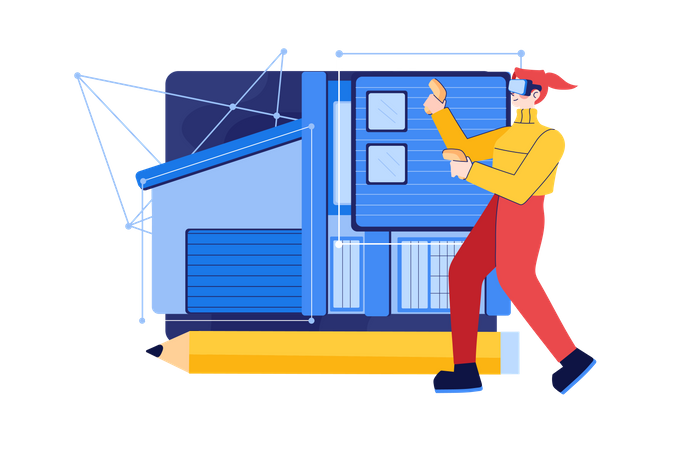 Girl working on building plan using VR Tech  Illustration
