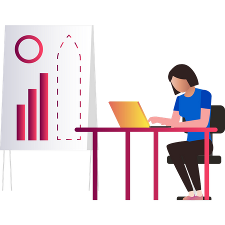 Girl working on business graph on laptop  Illustration