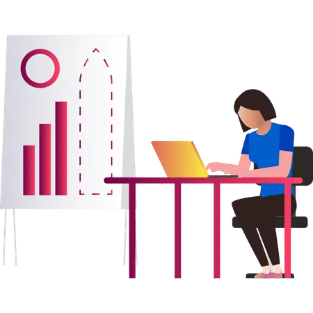 Girl working on business graph on laptop  Illustration