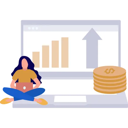 Girl Working On Business Graph On Laptop  Illustration