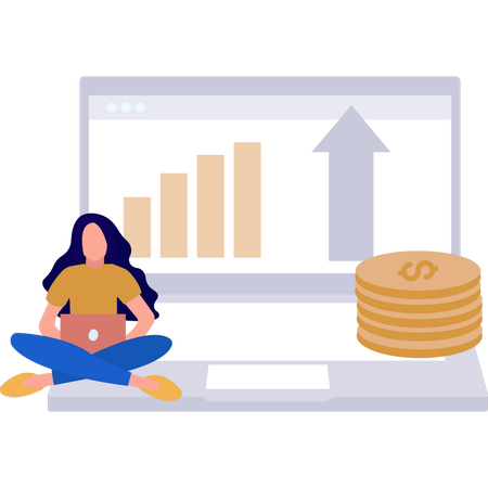 Girl Working On Business Graph On Laptop  Illustration