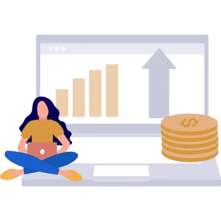 Girl Working On Business Graph On Laptop Illustration