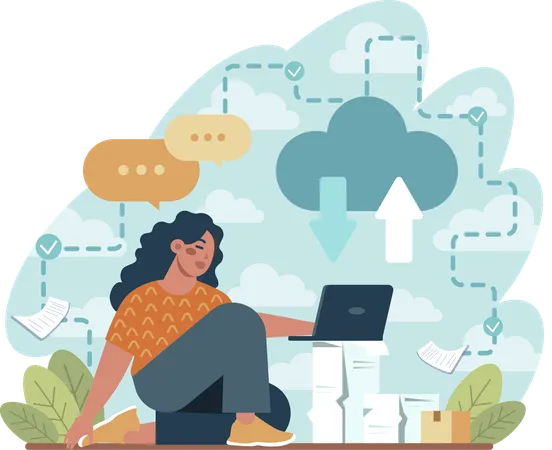 Girl working on cloud computing  Illustration