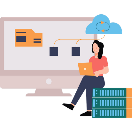 Girl working on cloud data server  Illustration