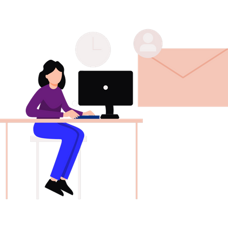 Girl working on computer  Illustration