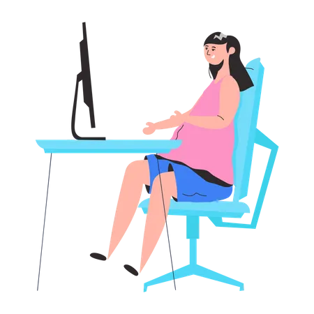 Girl working on computer at office  Illustration