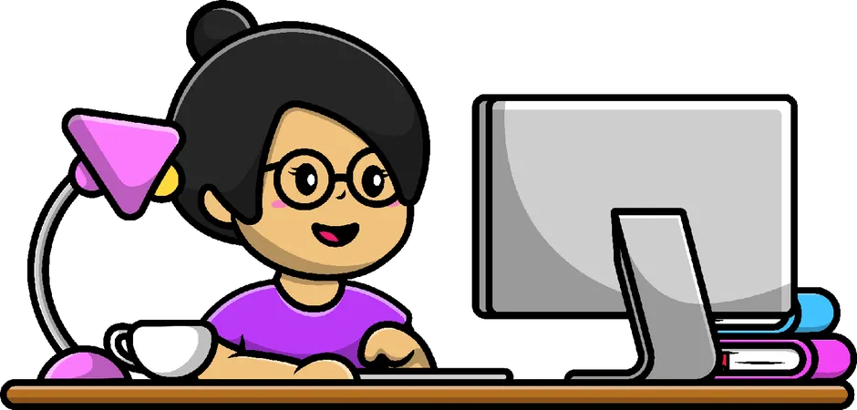 Girl Working On Computer  Illustration