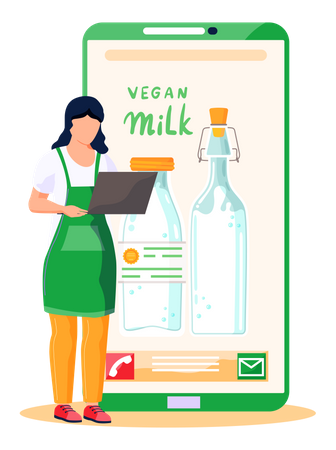 Girl working on computer on vegan milk  Illustration