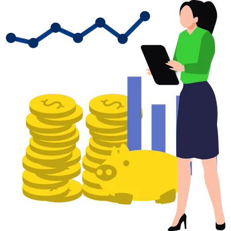 Girl working on dollar graph analytics  Illustration