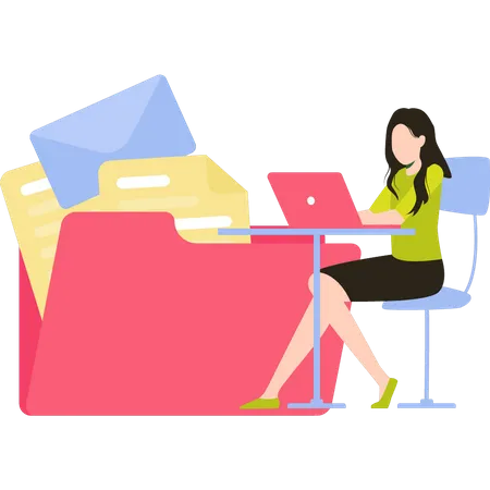 Girl working on file management at table  Illustration