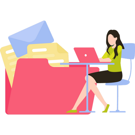 Girl working on file management at table  Illustration