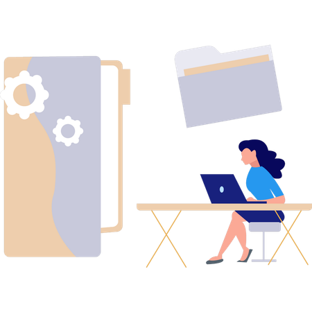 Girl working on file management on settings on laptop  Illustration