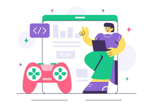 Girl working on game development process  Illustration