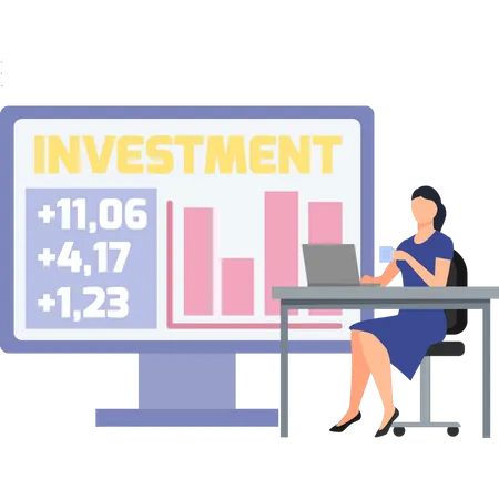 Girl Working On Investment Graph  Illustration