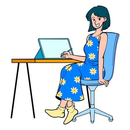 Girl Working On Laptop  Illustration