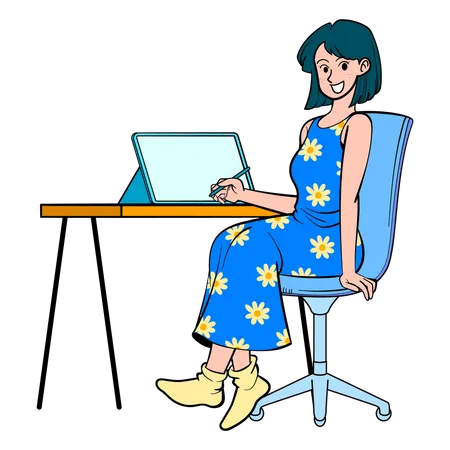 Girl Working On Laptop  Illustration