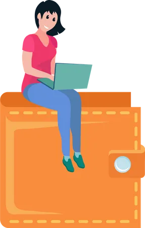 Female Worker With Laptop Sitting On Top Of Brown Wallet Girl Working On Computer Business Woman Earning Money Entrepreneur Financial Success Vector イラスト