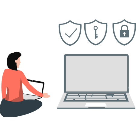 Girl working on laptop about cyber security  Illustration