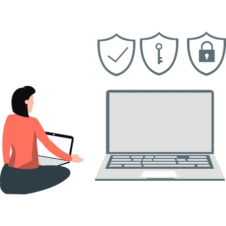 Girl working on laptop about cyber security  Illustration