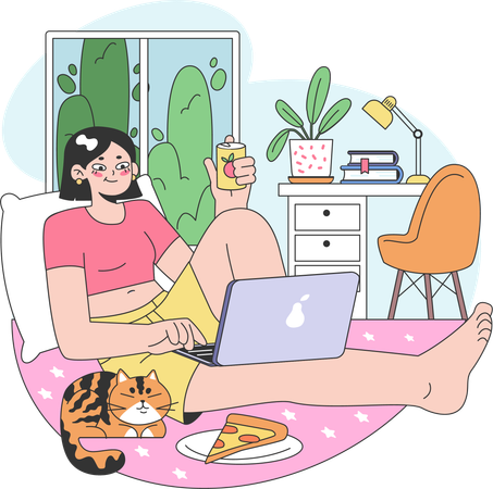 Girl working on laptop and eating pizza  Illustration