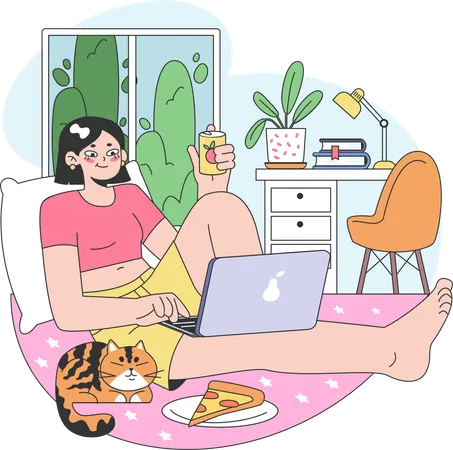 Girl working on laptop and eating pizza  Illustration