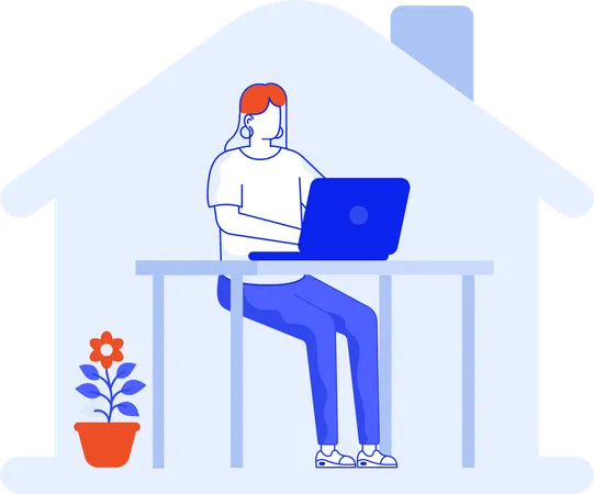 Girl working on laptop and Staying at home  イラスト