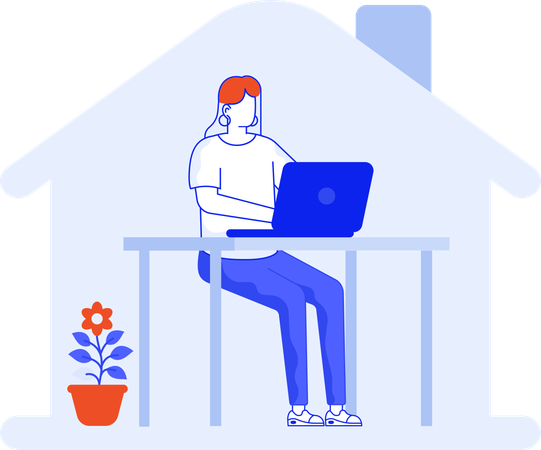 Girl working on laptop and Staying at home  Illustration