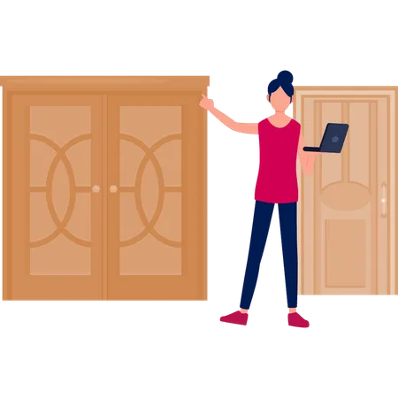 Girl working on laptop at door  Illustration