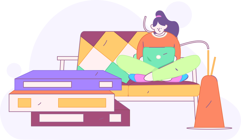 Girl working on laptop at home  Illustration