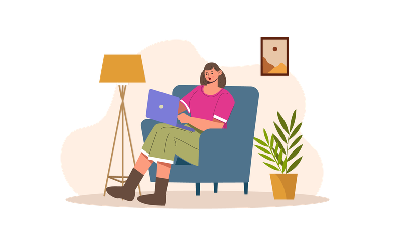 Girl working on laptop at home  Illustration