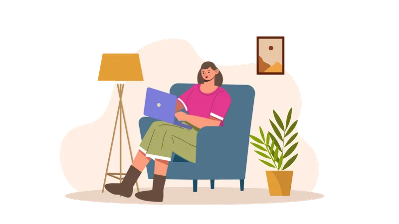 Girl working on laptop at home  Illustration