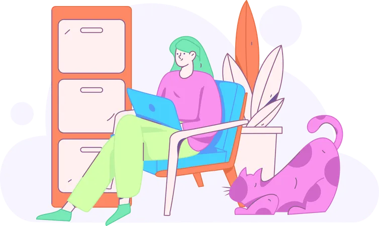 Girl working on laptop at home  Illustration