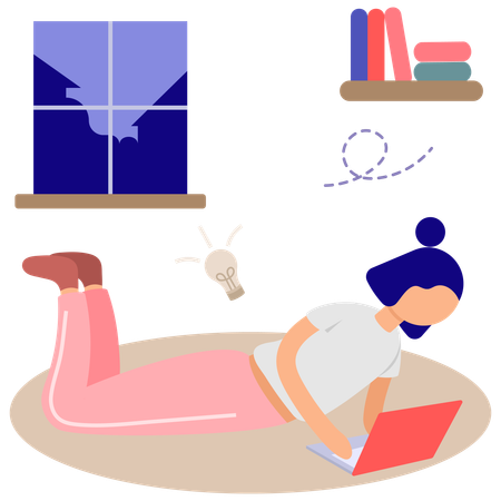 Girl Working on Laptop at Night  Illustration