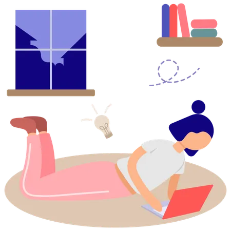 Girl Working on Laptop at Night  Illustration