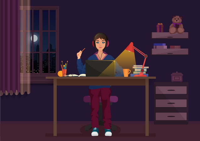Girl working on laptop during late night Illustration