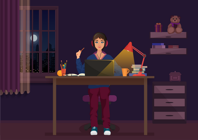 Girl working on laptop during late night  Illustration