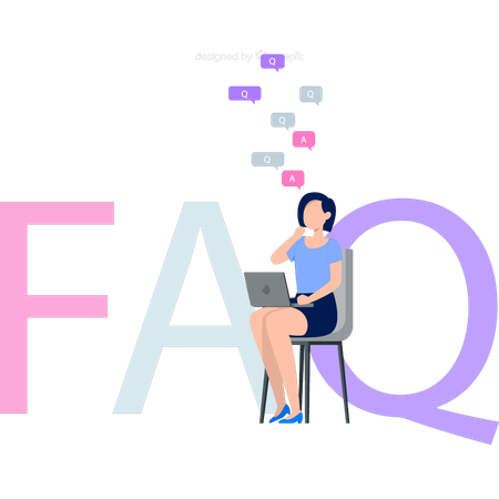 Girl working on laptop on FAQ services  Illustration