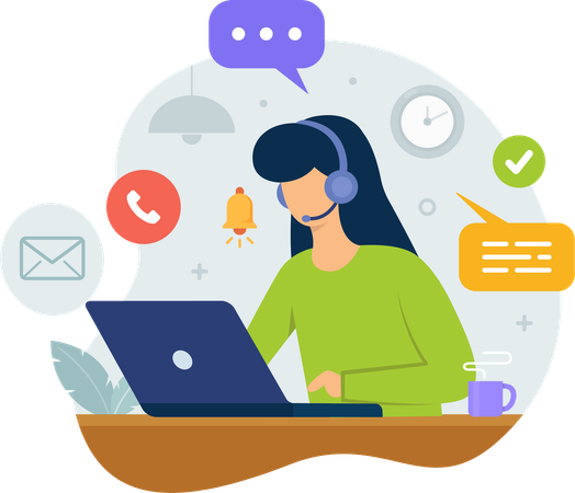 Girl working on laptop for support customer  Illustration