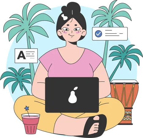 Girl working on laptop from beach  Illustration