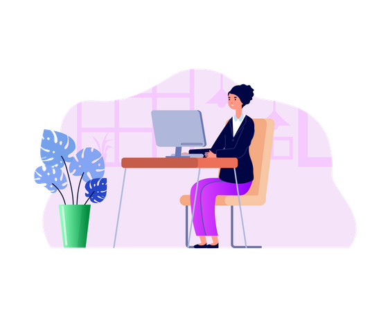Girl  Working On Laptop  Illustration