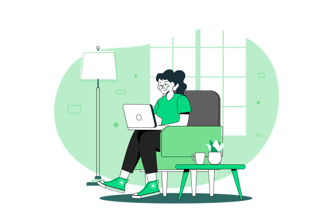 Girl Working On Laptop  Illustration